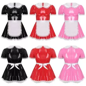 Мужской костюм горничной с воротником-куклой, платье с оборками, кружевной фартук, костюм для трансвеститов для ролевых игр XL красный