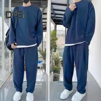 Мужской костюм из 2 шт./компл., комплект из топа и брюк, однотонный, свободный, на шнурке, с эластичной резинкой на талии, с круглым вырезом, с разрезом подол, мягкий теплый мужской осенне-зимний спортивный костюм 2XL чёрный