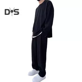 Мужской костюм из 2 шт./компл., комплект из топа и брюк, однотонный, свободный, на шнурке, с эластичной резинкой на талии, с круглым вырезом, с разрезом подол, мягкий теплый мужской осенне-зимний спортивный костюм XL чёрный