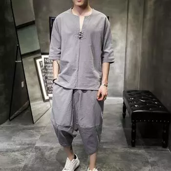 Мужской костюм из хлопка и льна в китайском стиле, летняя цельная корейская льняная футболка с рукавами три четверти, большие размеры