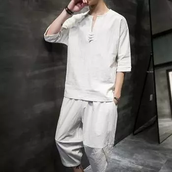 Мужской костюм из хлопка и льна в китайском стиле, летняя цельная корейская льняная футболка с рукавами три четверти, большие размеры XXXXXL белый