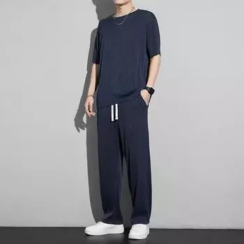 Мужской костюм из ледяного шелка, классический повседневный однотонный костюм из двух предметов с круглым вырезом, комплект из двух предметов, летняя мода, свободный большой размер S белый