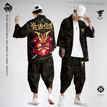 Мужской костюм-кимоно-кардиган, летний кимоно-кардиган + свободные брюки, комплект из 2 предметов 6XL