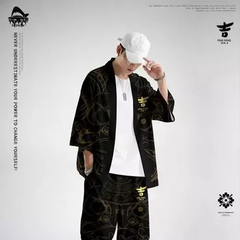 Мужской костюм-кимоно-кардиган, летний кимоно-кардиган + свободные брюки, комплект из 2 предметов XS