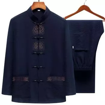 Мужской костюм кунг-фу больших размеров, костюм Тан с вышивкой, весна-осень, рубашка и брюки из 2 предметов, традиционная китайская одежда для тай-чи S зелёный