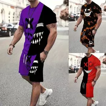 Мужской костюм, летний повседневный дышащий освежающий костюм с принтом 3D Evil Face, большой мужской свободный топ, модный с короткими рукавами S