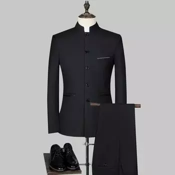 Мужской костюм Мао, комплект из двух предметов, корейская версия, облегающий, воротник-стойка, профессиональная одежда, инструментальное платье, костюм Тан, комплект рабочей одежды M