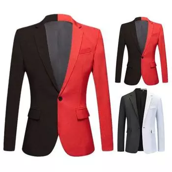 Мужской костюм на весну и осень в стиле пэчворк контрастного цвета, пальто с лацканами и длинными рукавами с клапанами, карманы на одной пуговице, приталенный пиджак S