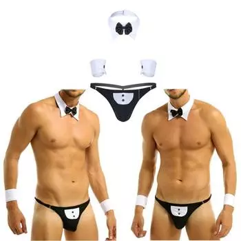 Мужской костюм нижнего белья из 3 предметов, смокинг с открытой спиной, стринги, нижнее белье с галстуком-бабочкой и браслетами