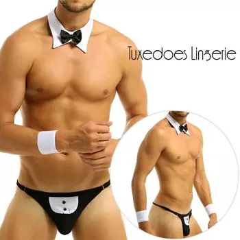 Мужской костюм нижнего белья из 3 предметов, смокинг с открытой спиной, стринги, нижнее белье с галстуком-бабочкой и браслетами