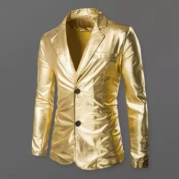 Мужской костюм Пальто Глянцевая поверхность Двойные пуговицы Кардиган с отложным воротником с длинным рукавом Сплошной цвет Средней длины Производительность Свадебная вечеринка Новогодняя куртка M серебряный