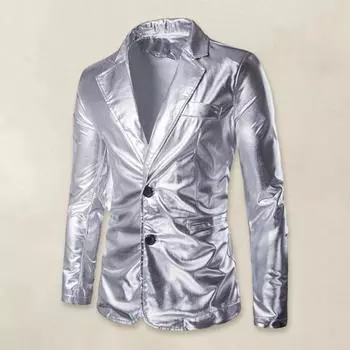 Мужской костюм, пальто, глянцевая поверхность, кардиган с двойными пуговицами, отложной воротник, длинный рукав, сплошной цвет M серебряный