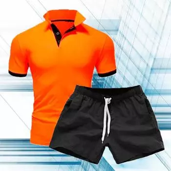 Мужской костюм-поло, модные мужские комплекты, однотонные летние рубашки с v-образным вырезом на пуговицах и короткими рукавами, рубашка-поло + шорты, мужские повседневные спортивные костюмы из двух предметов S оранжевый