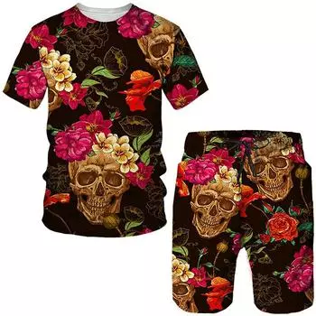 Мужской костюм с 3D принтом черепа и цветочным принтом, футболки/шорты, комплекты из 2 предметов, винтажная одежда, готическая модная уличная одежда, спортивный костюм, одежда для мужчин XL