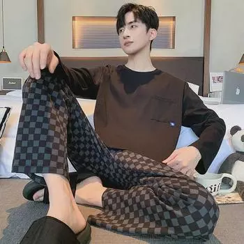 Мужской костюм с длинными рукавами и брюками для домашнего ношения осенью/зимой, в наличии большие размеры 3XL (175-200 lbs)