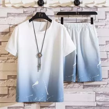 Мужской костюм с градиентом, летняя футболка с коротким рукавом, модный комплект из 2 предметов, уличная одежда, спортивные пляжные шорты с 3D принтом, спортивная мужская одежда 4XL