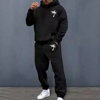 Мужской костюм с капюшоном и брюками, уличный, с плюшевой подкладкой, большой размер, свободный спортивный костюм для улицы, однотонный зимний спортивный костюм, комплект из брюк с завязками на щиколотках M