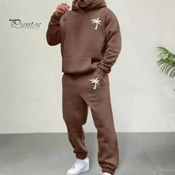 Мужской костюм с капюшоном и брюками, уличный, с плюшевой подкладкой, большой размер, свободный спортивный костюм для улицы, однотонный зимний спортивный костюм, комплект из брюк с завязками на щиколотках M чёрный