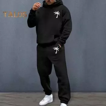 Мужской костюм с капюшоном и брюками, уличный, с плюшевой подкладкой, большой размер, свободный спортивный костюм для улицы, однотонный зимний спортивный костюм, комплект из брюк с завязками на щиколотках M кофейный