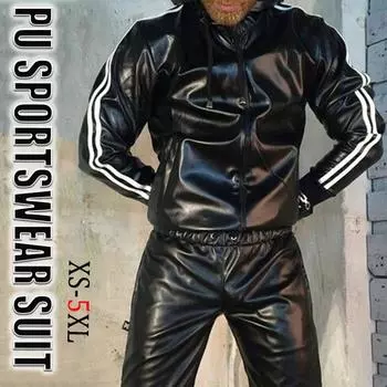 Мужской костюм с капюшоном из искусственной кожи, повседневная спортивная одежда, спортивный костюм с капюшоном, спортивная одежда, черная мужская спортивная одежда XS-5XL S чёрный