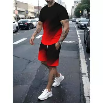 Мужской костюм с коротким рукавом 3D с постепенным изменением, влагоотводящая футболка с круглым вырезом для бега, тренировочный комплект для упражнений, спортивная футболка, топы S