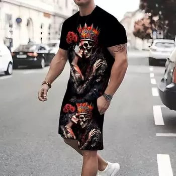 Мужской костюм с принтом 3D Skull and Beauty, шорты с коротким рукавом, костюм с принтом S