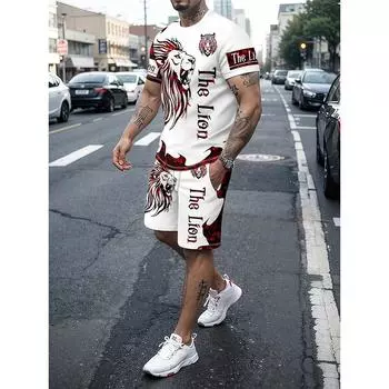 Мужской костюм с принтом льва 3D, мужская футболка для городской уличной моды, мужские пляжные шорты для спорта на открытом воздухе, летний повседневный повседневный мужской костюм S