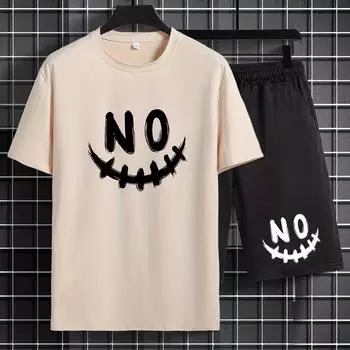 Мужской костюм с принтом улыбки «Reject», удобная и повседневная летняя футболка и свободные шорты. S