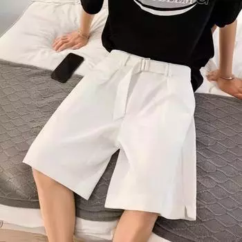 Мужской костюм, шорты с поясом, пуговицы со средней посадкой, молния, повседневные шорты, сплошной цвет, прямые широкие офисные шорты, шорты длиной до колена, рабочая одежда 2XL белый
