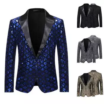 Мужской костюм-смокинг, костюм для вечеринки, пальто с блестками, джентльменский пиджак, куртка, костюм на одной пуговице S чёрный
