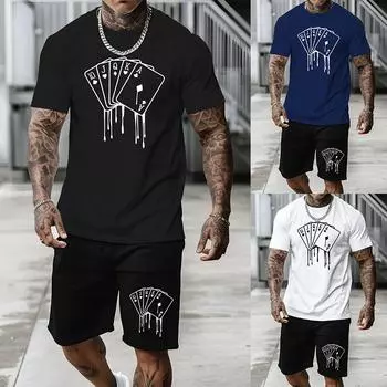 Мужской костюм свободного покроя с круглым вырезом и коротким рукавом, принт с 3D-игральными картами, летний повседневный дышащий освежающий костюм S