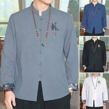 Мужской костюм Тан из хлопка и льна в китайском стиле с воротником-стойкой и длинным рукавом с пряжкой в китайском Новом году, однотонные рубашки, топы M белый