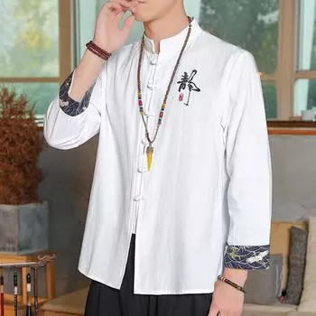 Мужской костюм Тан из хлопка и льна с вышивкой, молодежная блузка, одежда для гуру медитации, рубашка больших размеров XXXXXL белый