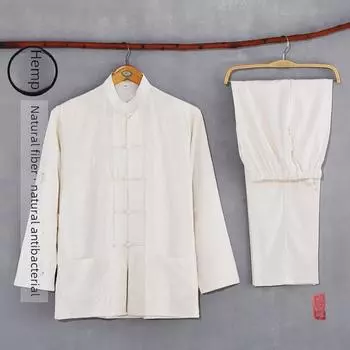 Мужской костюм Тан из хлопка и льна: Длинный рукав кардиган в китайском стиле Ханьфу из двух частей для людей среднего и пожилого возраста 2XL (130-145 jin)