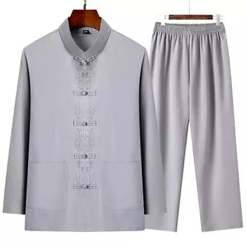 Мужской костюм Тан с длинными рукавами на весну и осень для людей среднего и пожилого возраста, мужская куртка, костюм для папы, весенняя куртка для дедушки + брюки на резинке на талии 5XL