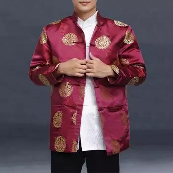 Мужской костюм Тан, топ в китайском стиле с воротником-стойкой, красный, однобортный, с принтом, праздничный, с длинным рукавом, гладкий, для пожилых людей, новогодний топ L жёлтый
