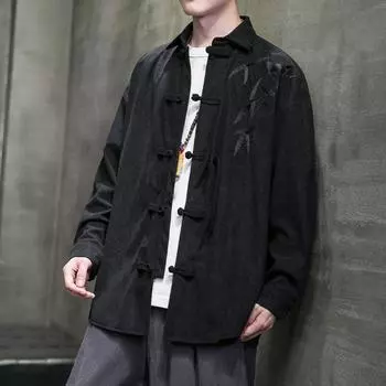 Мужской костюм Тан в китайском стиле, мужская одежда, свободная молодежная китайская туника, вельветовая куртка Hanfu 2XL чёрный