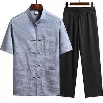 Мужской костюм Тан (верх + брюки) Имитация ароматной марли тонкий китайский стиль пожилой этнический костюм ханьфу XXXXL синий