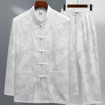 Мужской костюм Tang Suit Ice Silk с длинными рукавами, весенне-летний костюм для людей среднего и пожилого возраста в стиле ретро Hanfu 4XL белый