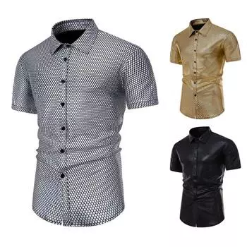 Мужской костюм в стиле диско с принтом в виде ромбовидной фольги, футболка с коротким рукавом, рубашка на пуговицах, сексуальная облегающая рубашка с отложным воротником для мужчин S серебряный