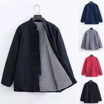 Мужской костюм в стиле Тан, хлопковое пальто с воротником-стойкой, дизайн на пуговицах, однотонный цвет XL чёрный