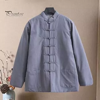 Мужской костюм в стиле Тан, хлопковое пальто с воротником-стойкой, дизайн на пуговицах, однотонная традиционная куртка с карманами, повседневная одежда XXL вино красного