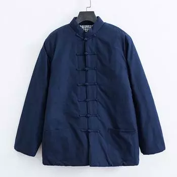 Мужской костюм в стиле Тан, хлопковое пальто с воротником-стойкой, дизайн на пуговицах, однотонное XXXL серый