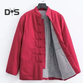 Мужской костюм в стиле Тан, хлопковое пальто с воротником-стойкой, дизайн на пуговицах, однотонная традиционная куртка с карманами, повседневная одежда L темно-синий