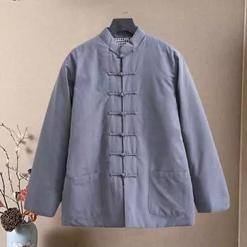 Мужской костюм Yousheng в стиле Тан, хлопковое пальто с воротником-стойкой, дизайн на пуговицах, однотонная традиционная куртка с карманами, повседневная одежда XXXL чёрный