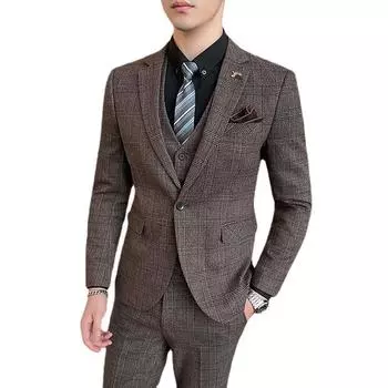 Мужской костюм жениха свадебное платье однотонный формальный деловой клетчатый костюм большого размера S кофейный