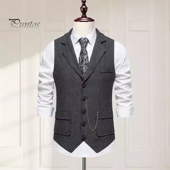 Мужской костюм, жилет с лацканами, без рукавов, однобортный деловой костюм, жилет, сплошной цвет, наклонный подол, 3D карманы, цепочка, украшение, жилет S темно-серого