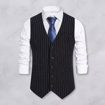 Мужской костюм, жилет с v-образным вырезом, полосатый формальный жилет без рукавов, однобортное пальто с карманами и принтом, деловой костюм, жилет M чёрный