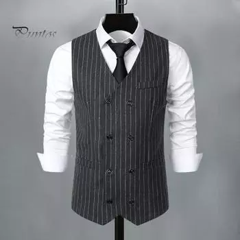 Мужской костюм, жилет с v-образным вырезом, без рукавов, в полоску, с принтом, двубортный костюм, жилет с накладными карманами, свадебный деловой жилет S чёрный