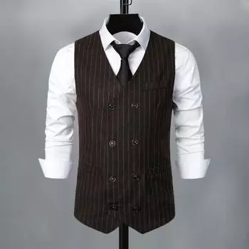 Мужской костюм, жилет с v-образным вырезом, без рукавов, в полоску, с принтом, двубортный костюм, жилет с накладными карманами, свадебный деловой жилет S чёрный